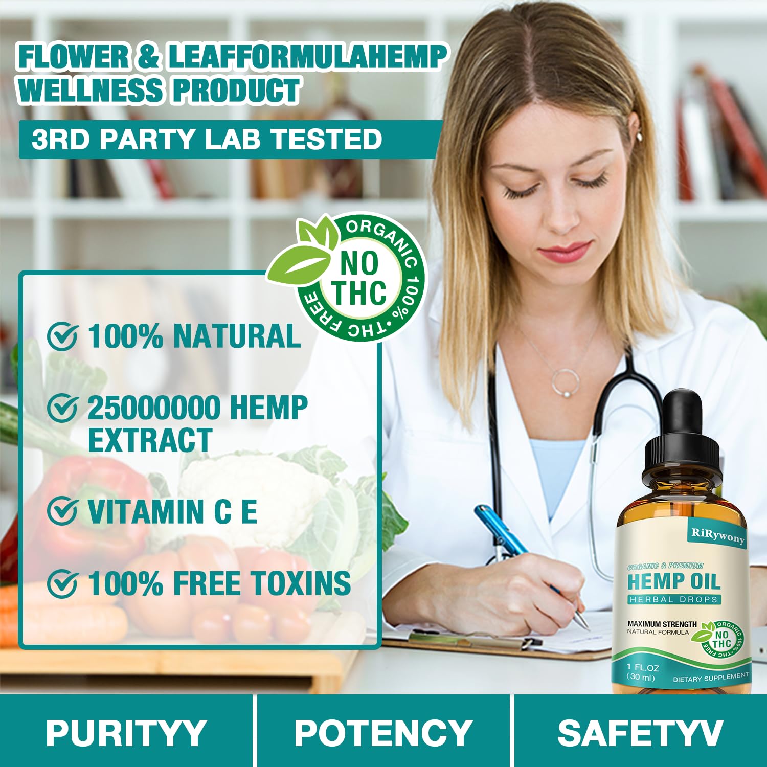 RiRywony Health oil drops bottle pour demonstrates easy daily dosing.