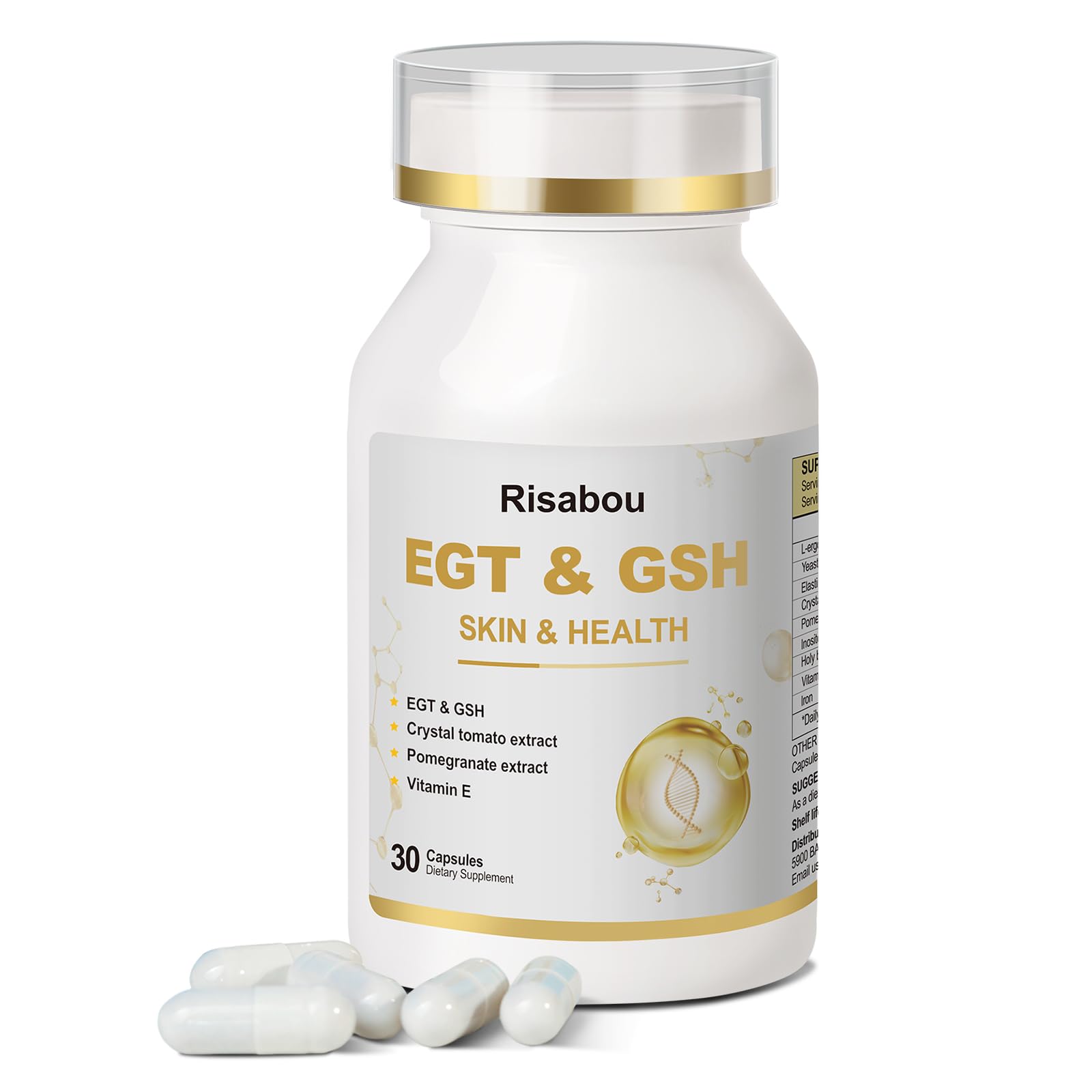 Risabou bottle label shows L-Ergothioneine with iron for female wellness.