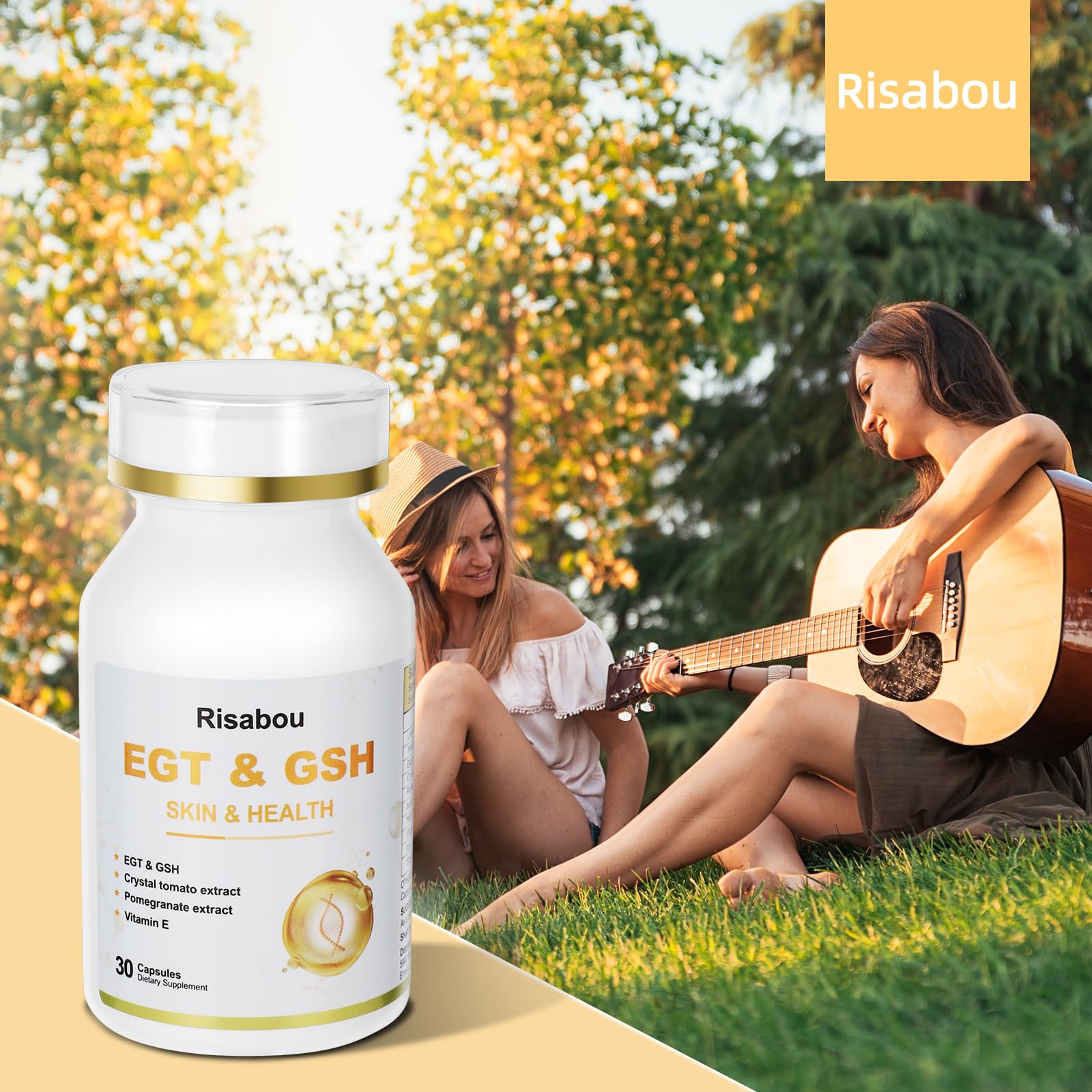 Risabou Vitamin E capsule on glass surface suggests protective antioxidant support.