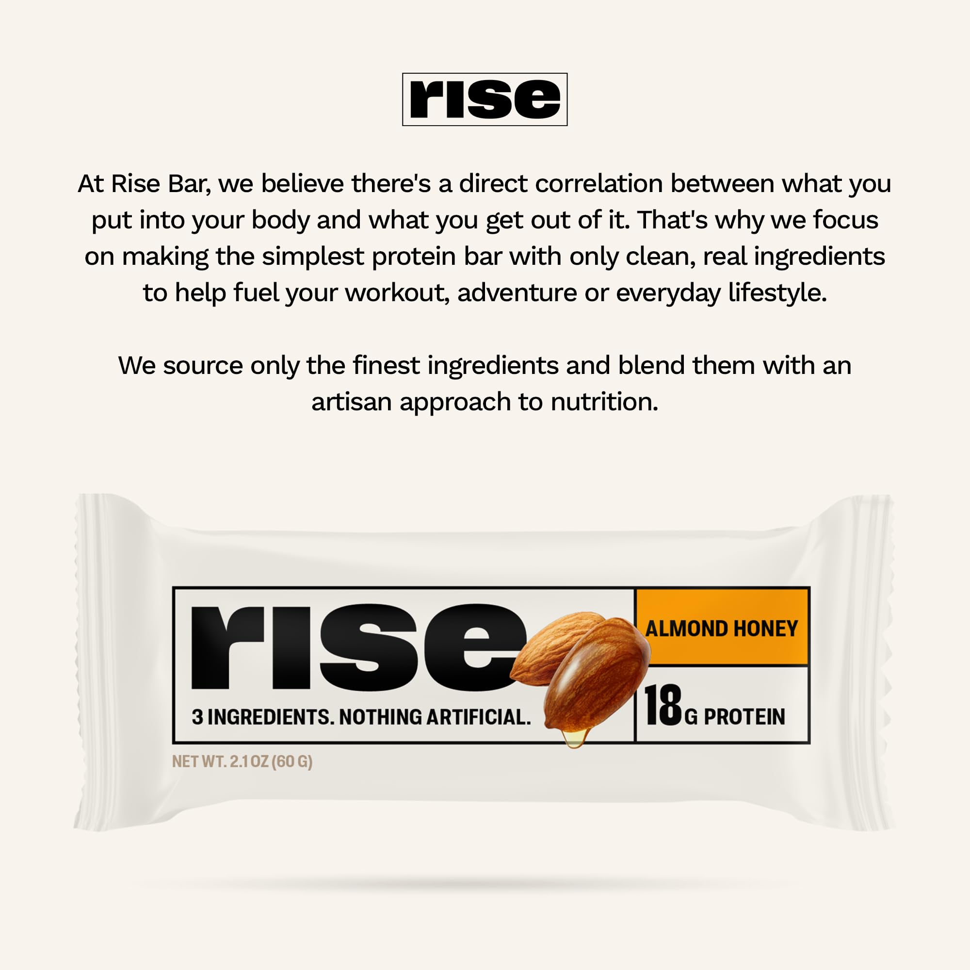 Rise Almond Honey breakfast bar being held, convenient real-food snack anywhere.