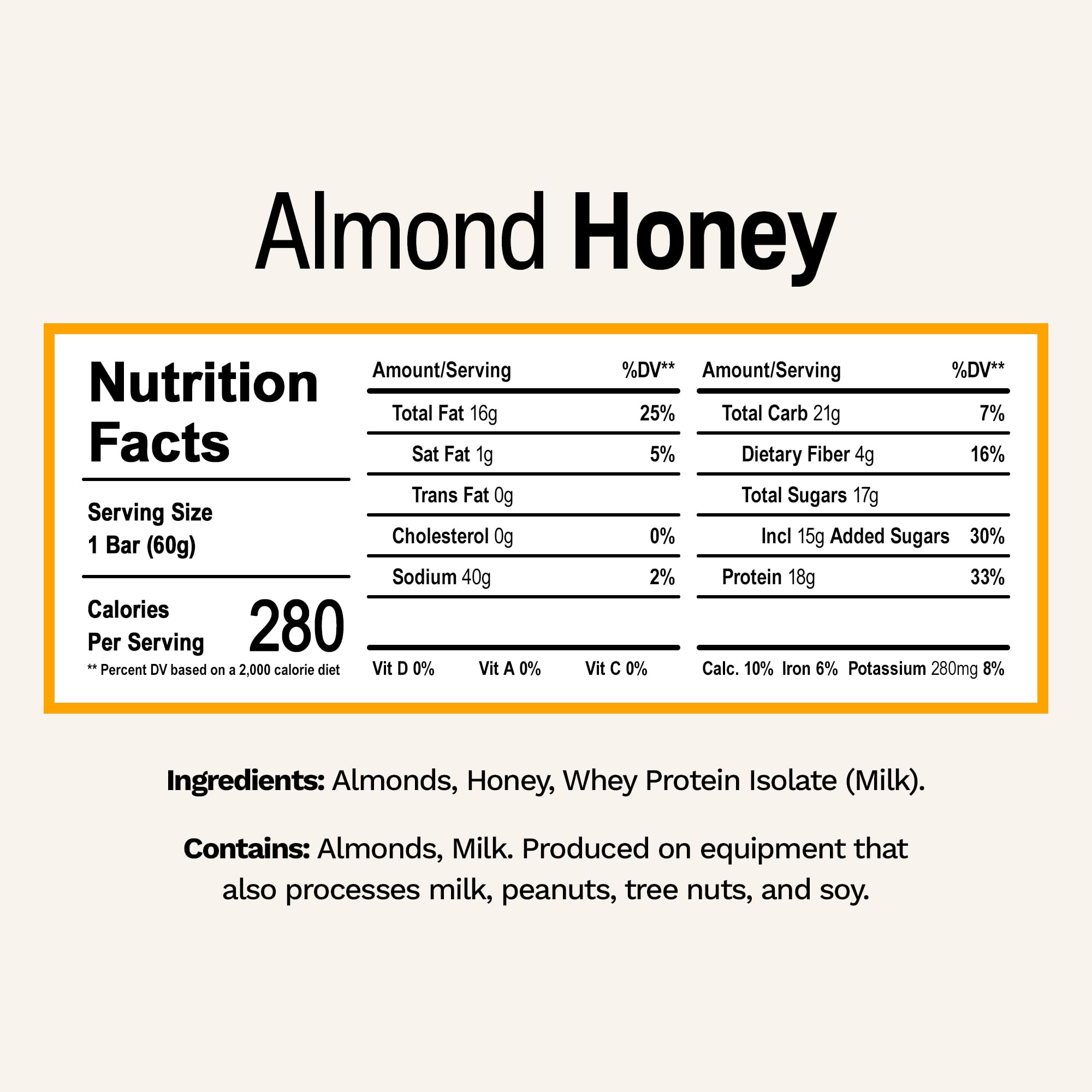 Rise Almond Honey breakfast bar ingredients close-up, simple 3-ingredient, high-protein snack.
