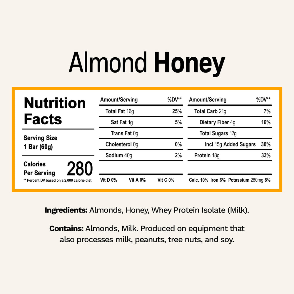 Rise Almond Honey breakfast bar ingredients close-up, simple 3-ingredient, high-protein snack.