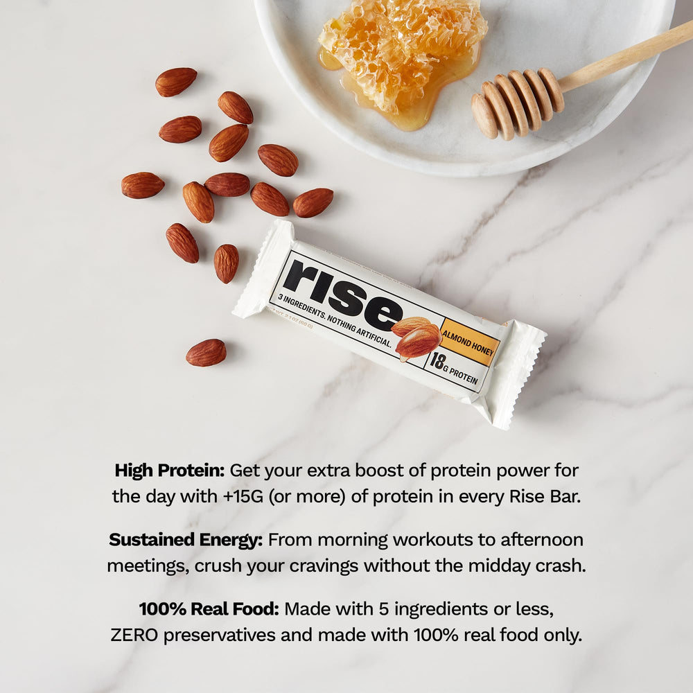 Rise Almond Honey breakfast bar nutrition label, transparent macros for mindful snacking.