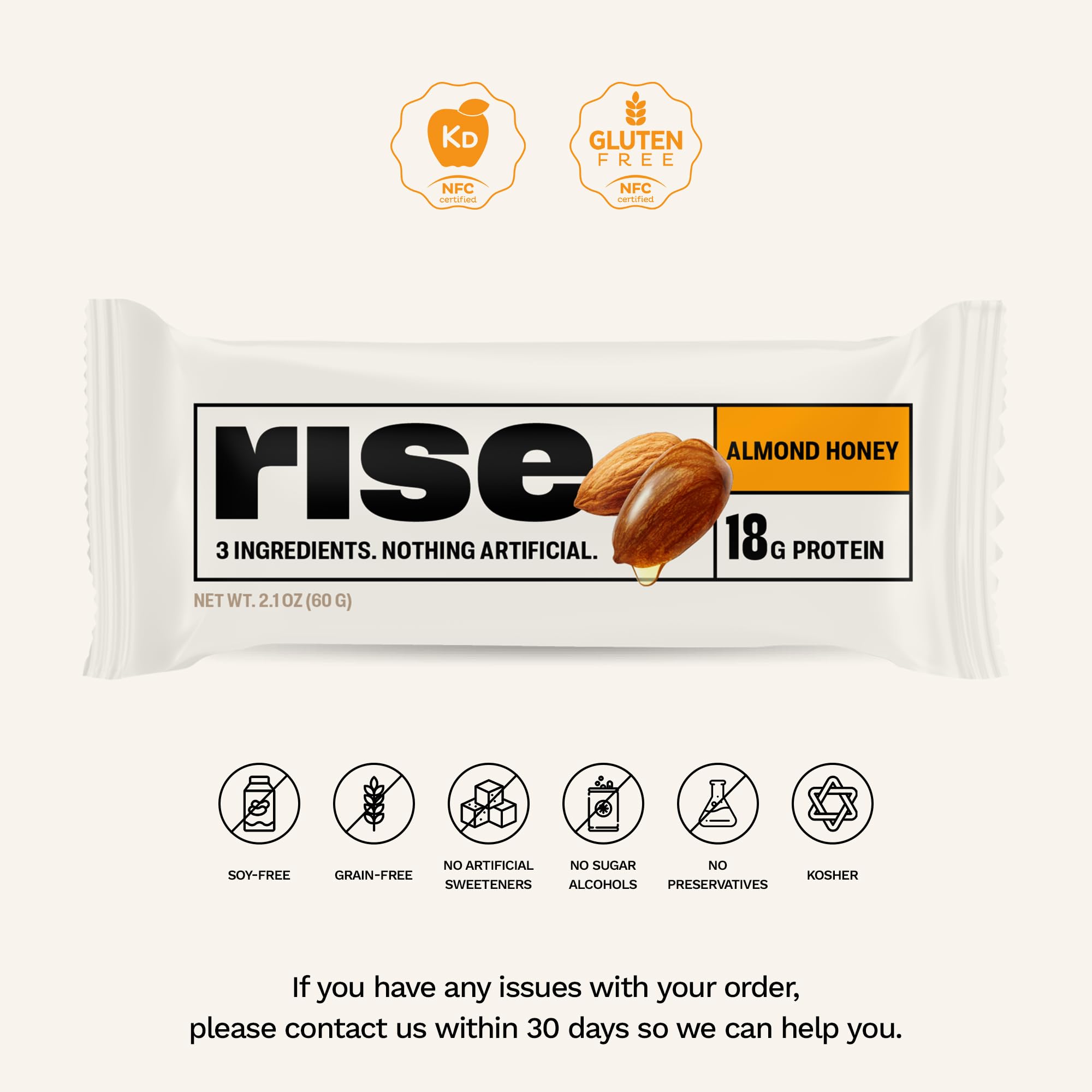 Rise Almond Honey breakfast bar pack shots, artisan small-batch appeal for clean nutrition.