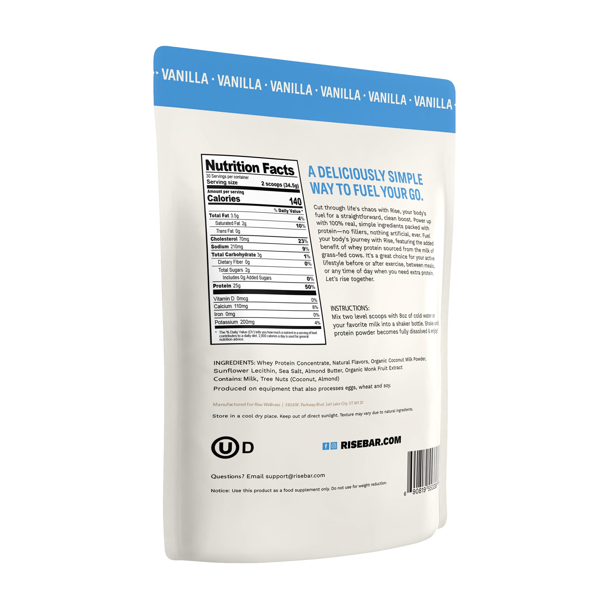 Rise Grass-Fed Whey Vanilla glass-mixed-in shows blendability with any beverage.
