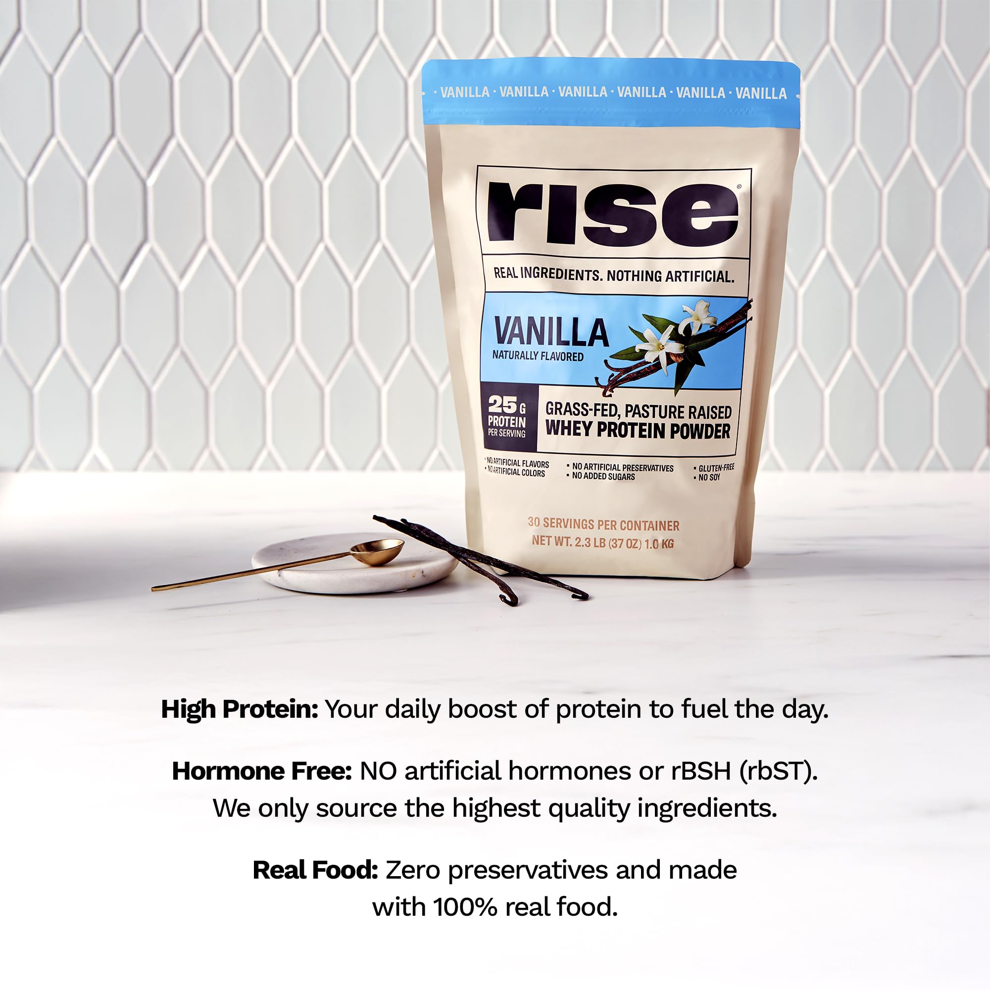 Rise Grass-Fed Whey Vanilla ingredients list highlights seven to eight real ingredients.