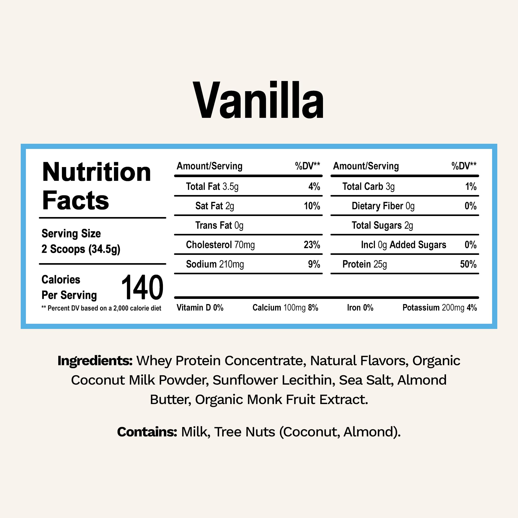 Rise Grass-Fed Whey Vanilla label closeup shows clean ingredient profile for smart choices.