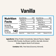 Rise Grass-Fed Whey Vanilla label closeup shows clean ingredient profile for smart choices.