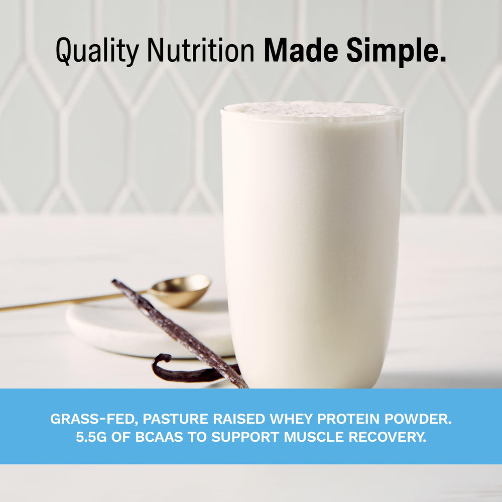 Rise Grass-Fed Whey Vanilla nutrition panel shows 25g protein per serving.