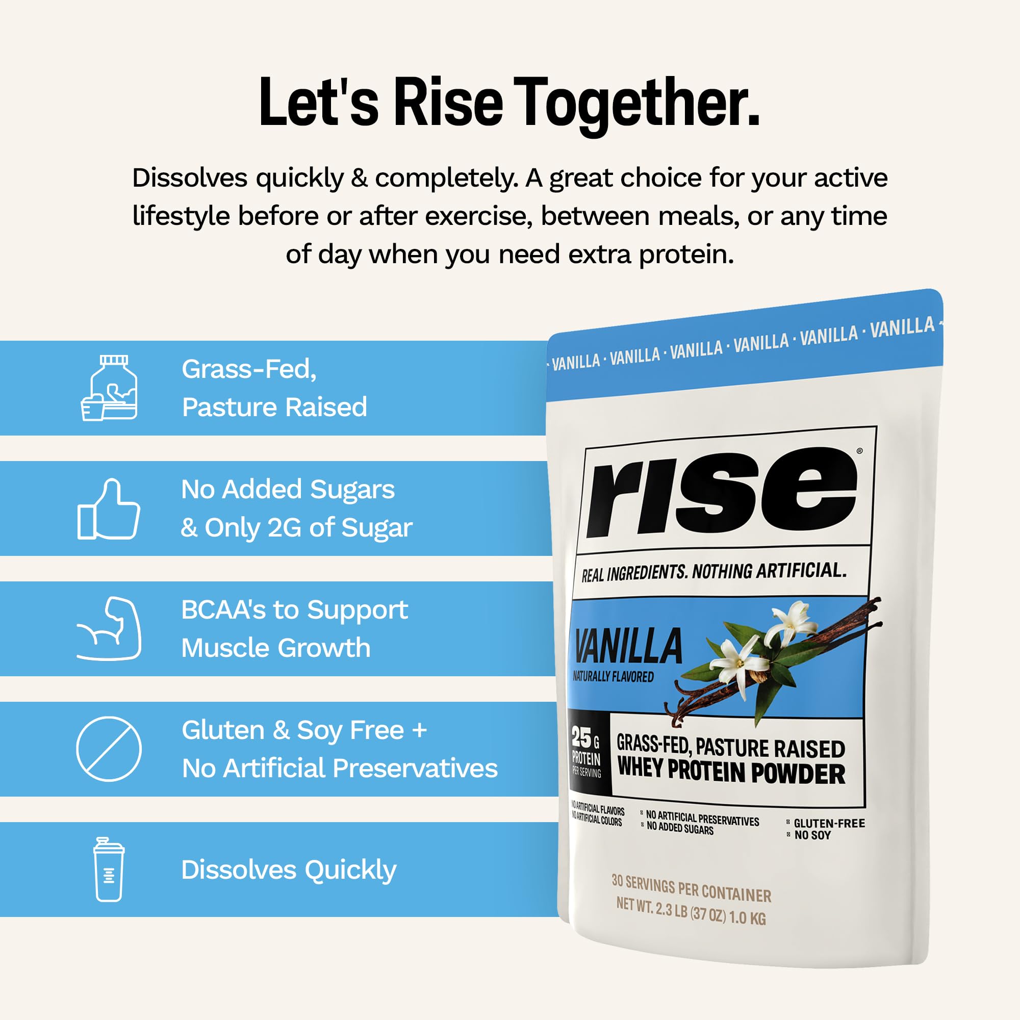 Rise Grass-Fed Whey Vanilla post-workout scene suggests quick recovery.