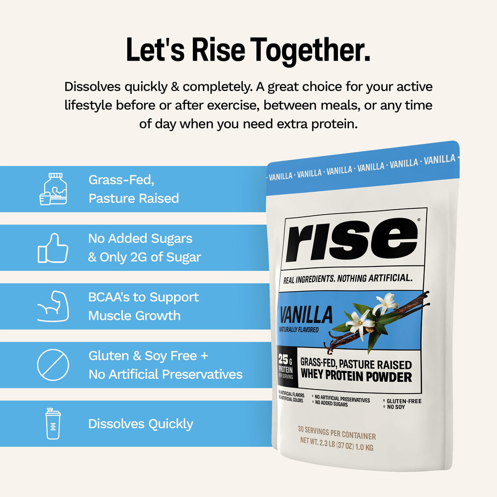 Rise Grass-Fed Whey Vanilla post-workout scene suggests quick recovery.