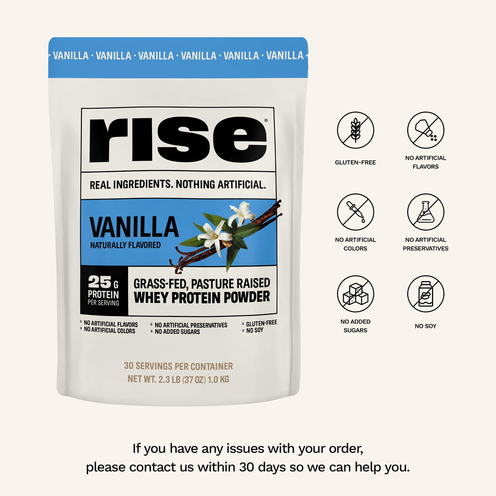Rise Grass-Fed Whey Vanilla scoop ready for precise portions.