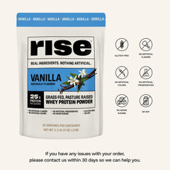 Rise Grass-Fed Whey Vanilla scoop ready for precise portions.