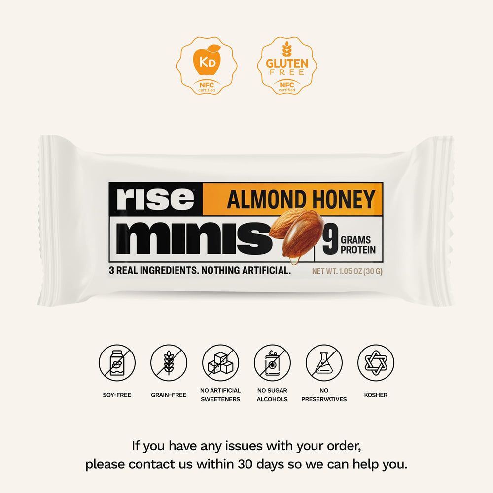 Rise Minis almond honey bar closeup, creamy texture and simple ingredients