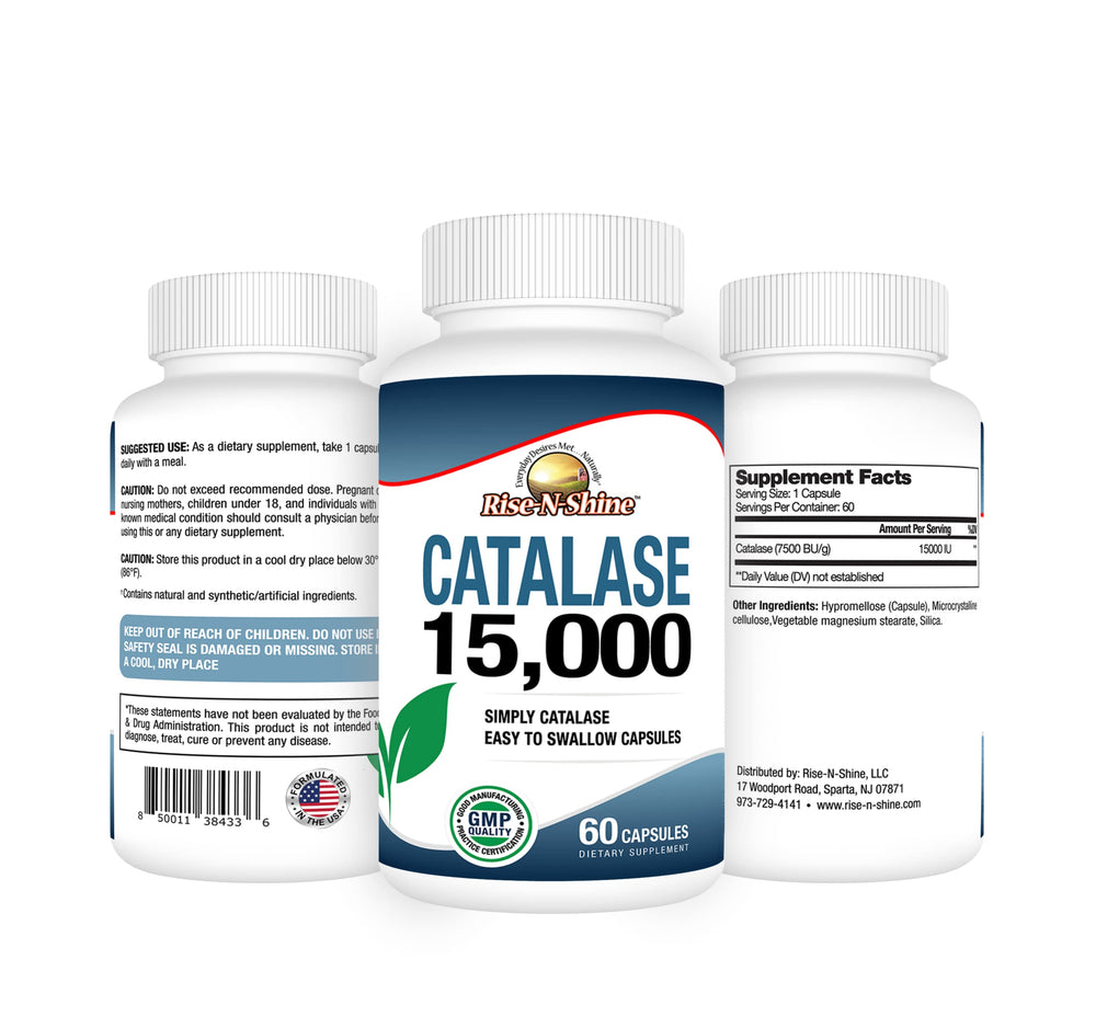 Rise-N-Shine Catalase 15000 bottle back label showing ingredients and dosage