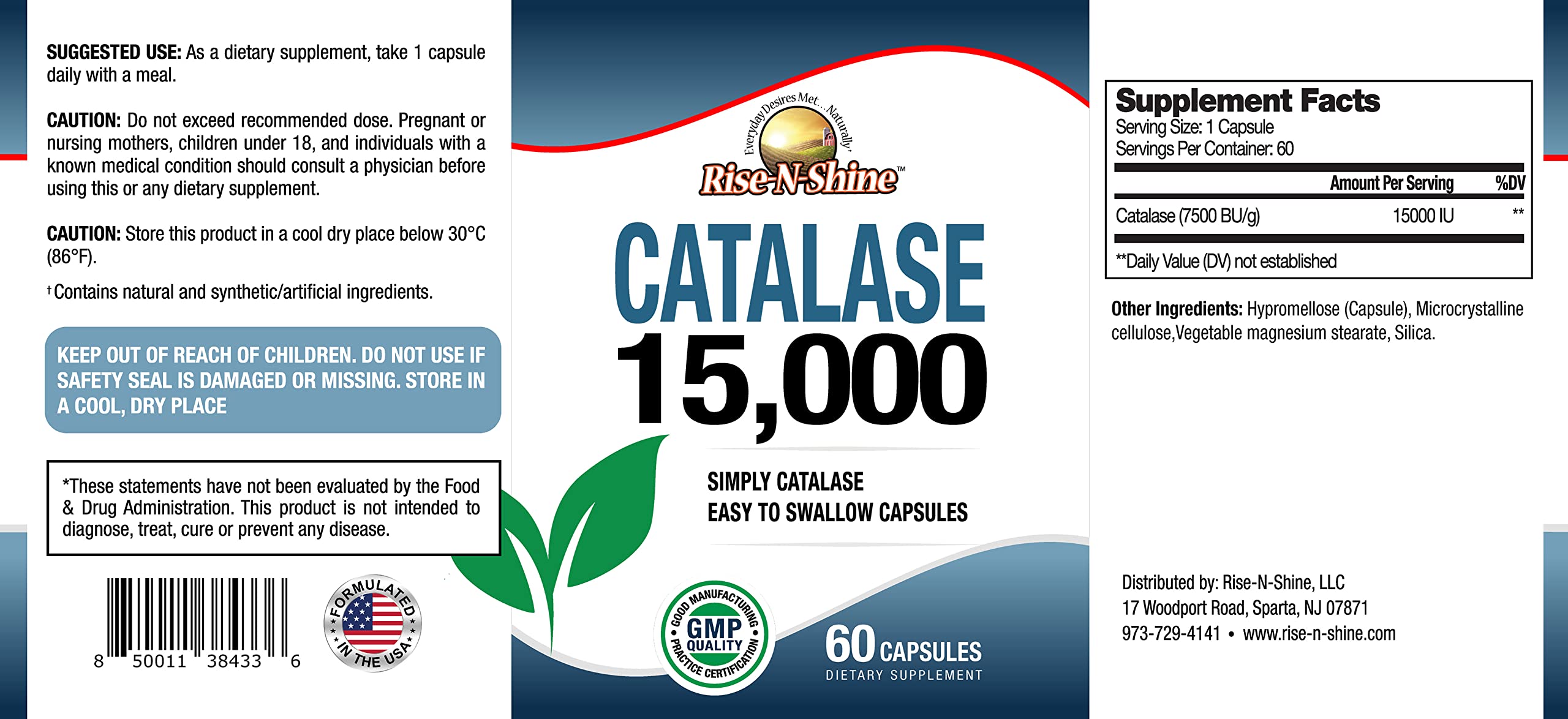 Close-up of Rise-N-Shine Catalase tablets showing 60-count supply