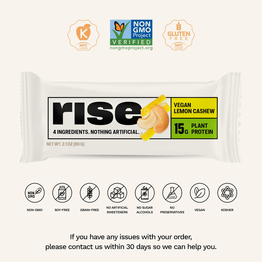 Rise Pea Protein Bar lemon cashew bar cut showcases a creamy texture in a clean, simple recipe.