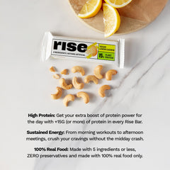 Rise Pea Protein Bar lemon cashew ingredients highlights three-ingredient simplicity for a quick snack.