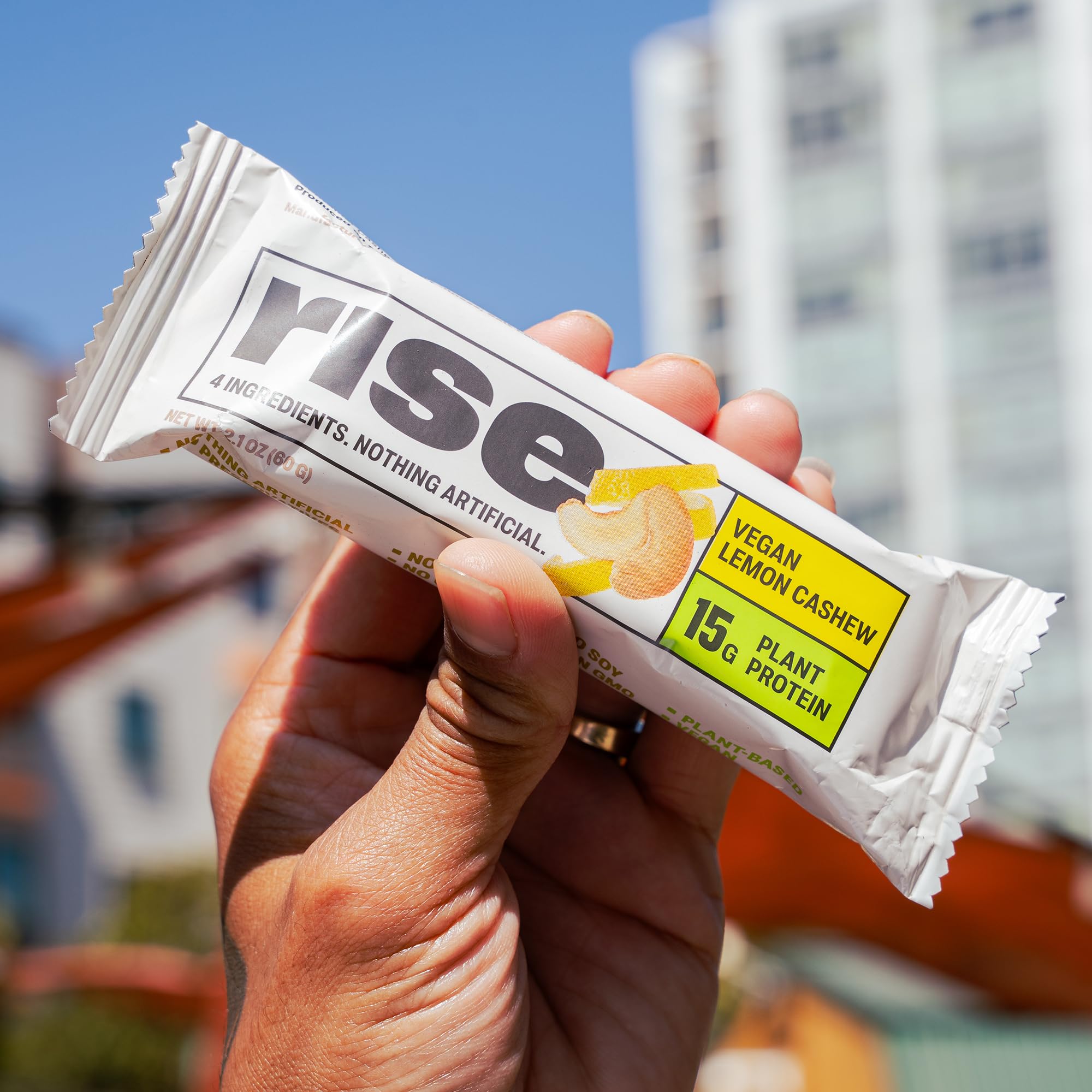 Rise Pea Protein Bar lemon cashew assembly reveals handmade small-batch appeal for gourmet snack lovers.