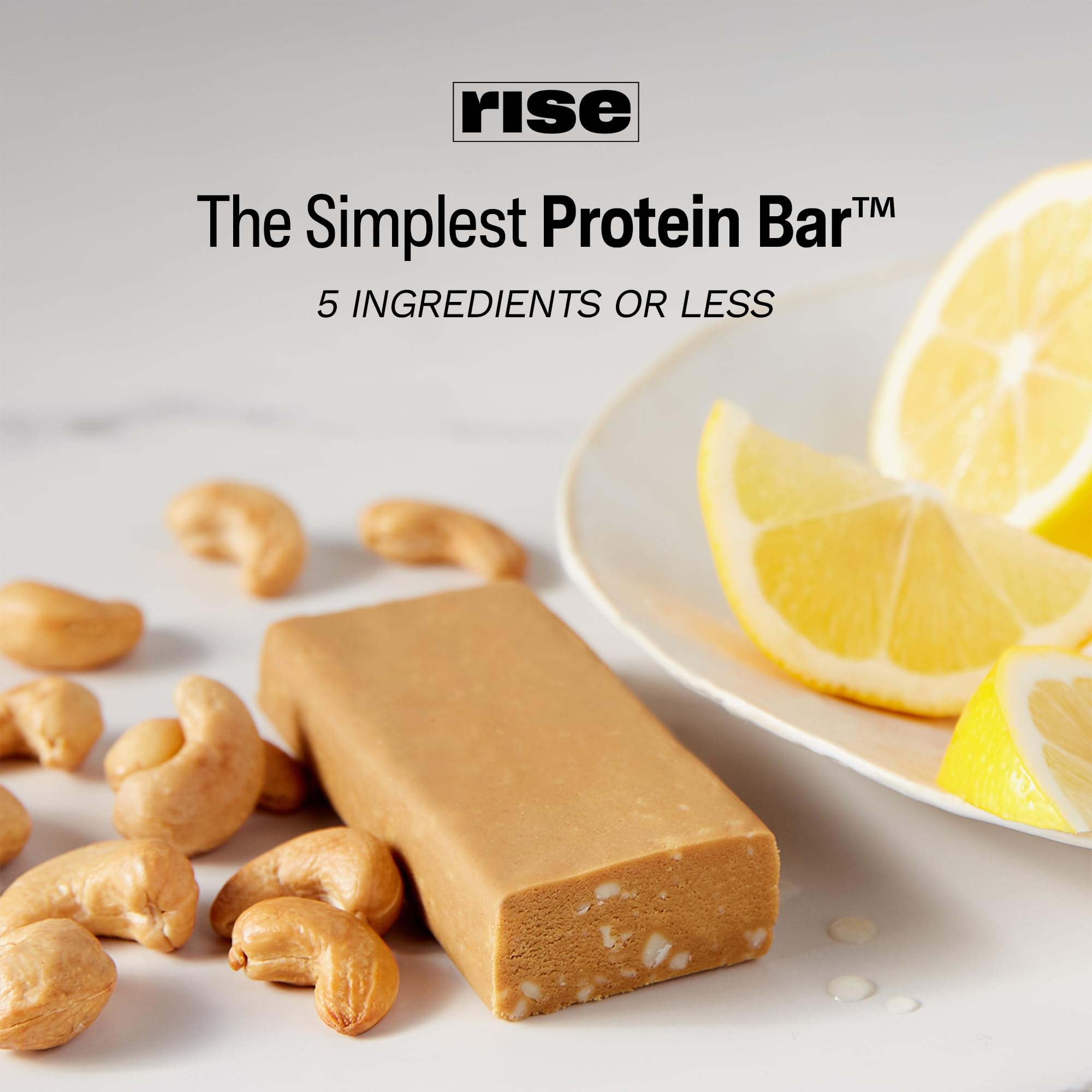 Rise Pea Protein Bar lemon cashew nutrition-pak profile shows balanced macros for active days.