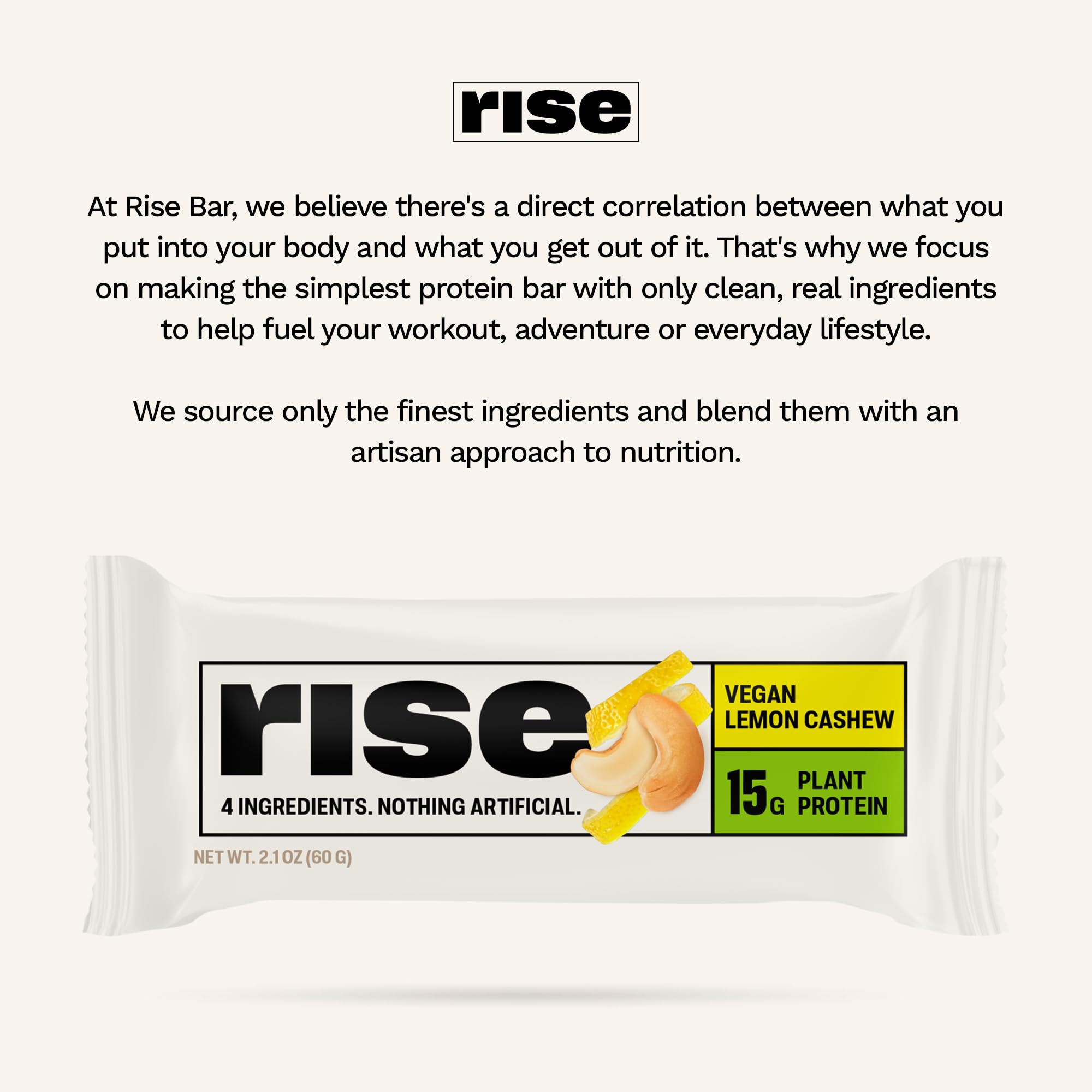 Rise Pea Protein Bar lemon cashew non-gmo image conveys clean ingredients and transparent process.