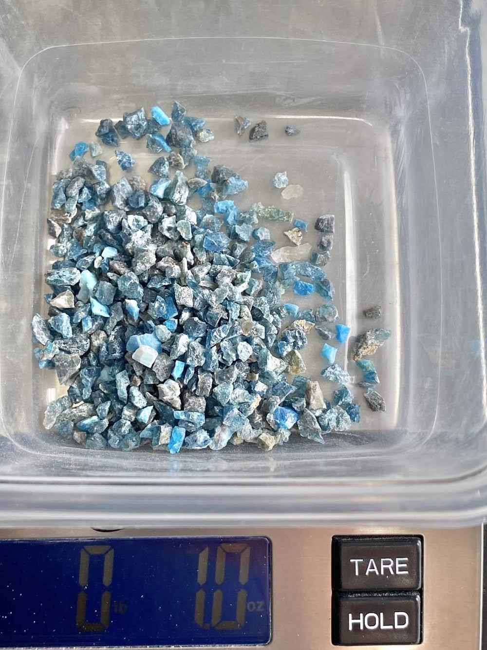 Rise Perspective blue apatite chips arranged for crystal grids and decor.