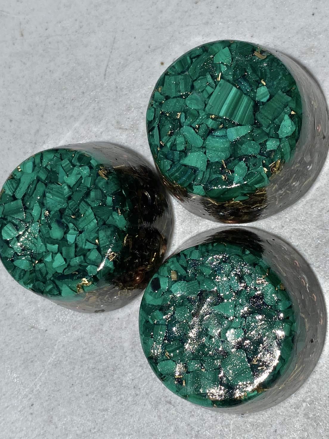 Rise Perspective Malachite Orgone Generator brass and zinc shavings add luminous activation