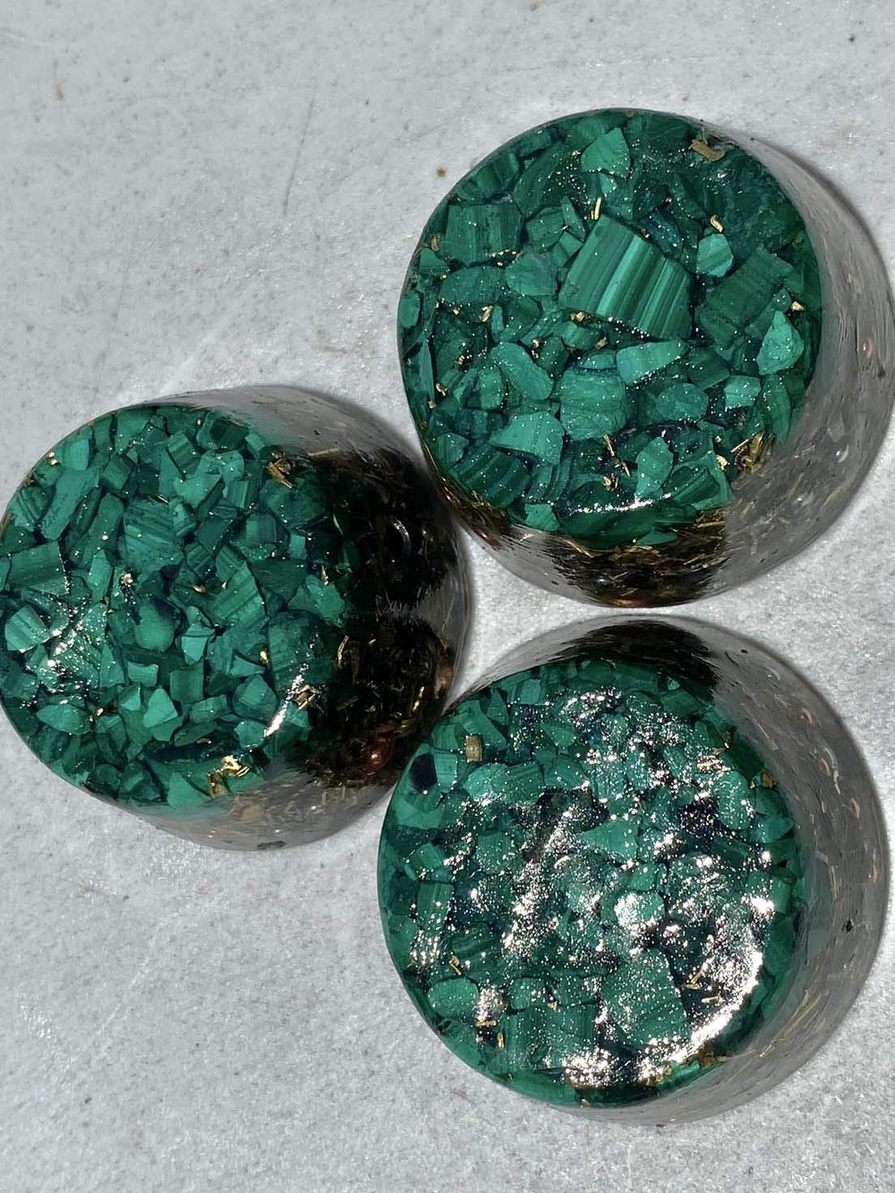 Rise Perspective Malachite Orgone Generator brass and zinc shavings add luminous activation