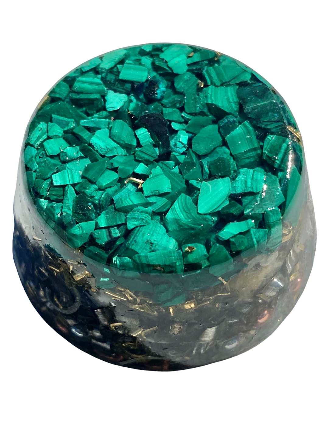 Rise Perspective Malachite Orgone Generator interior crystal mix purifies the atmosphere