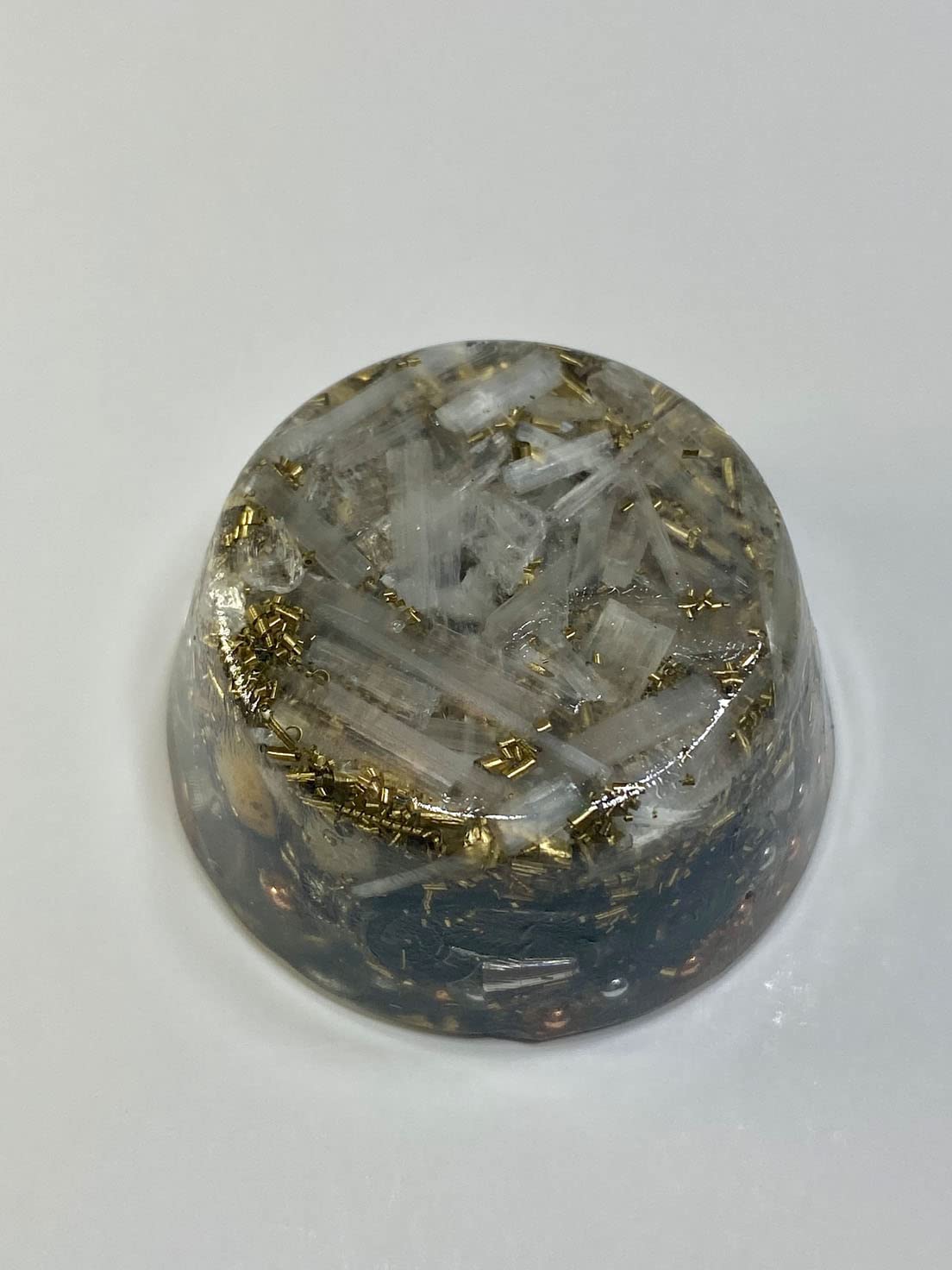 Rise Perspective Selenite Orgone Generator small tower demonstrates compact energy tool for desks.