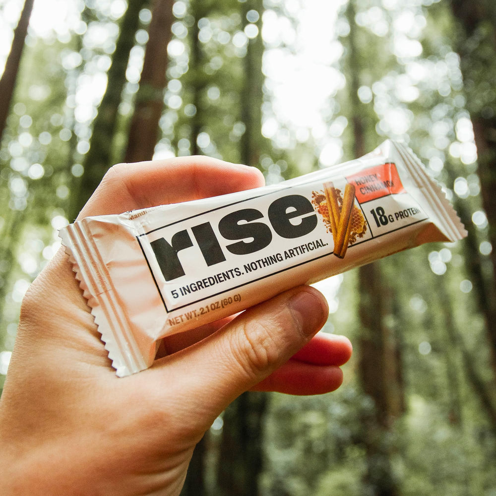 Rise Whey Bar Honey Cinnamon breakfast plate pairing for a balanced morning meal.