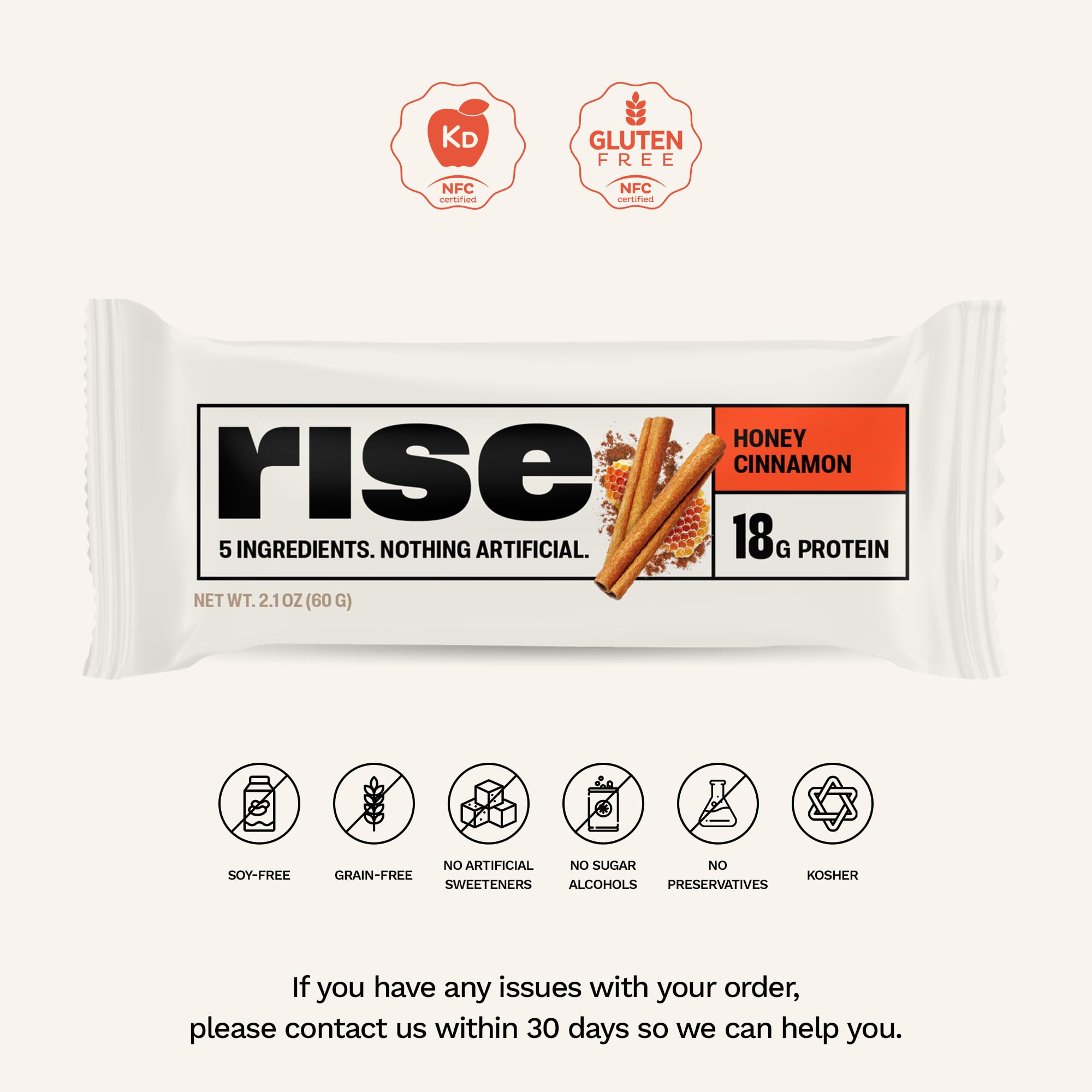 Rise Whey Bar Honey Cinnamon cross-section reveals 5 simple ingredients and creamy texture.