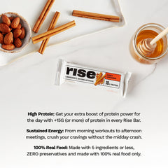 Rise Whey Bar Honey Cinnamon ingredients list emphasizes gluten-free, soy-free, all-natural nutrition.