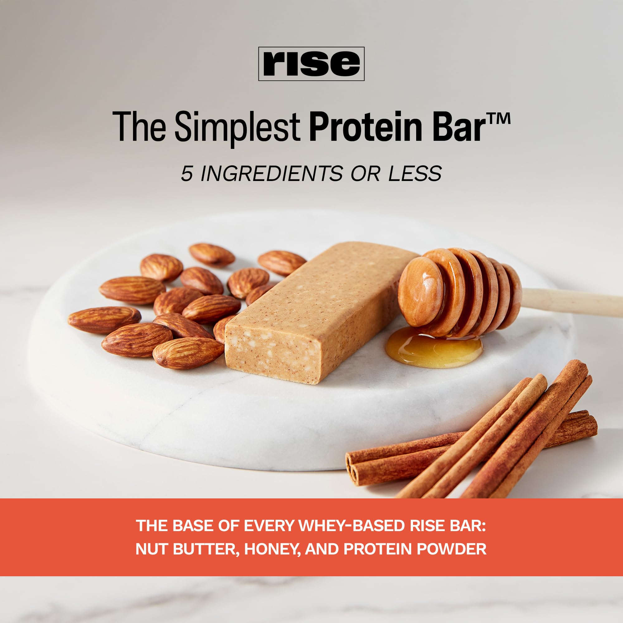Rise Whey Bar Honey Cinnamon nutrition facts showcase 18g protein and 4g fiber per bar.