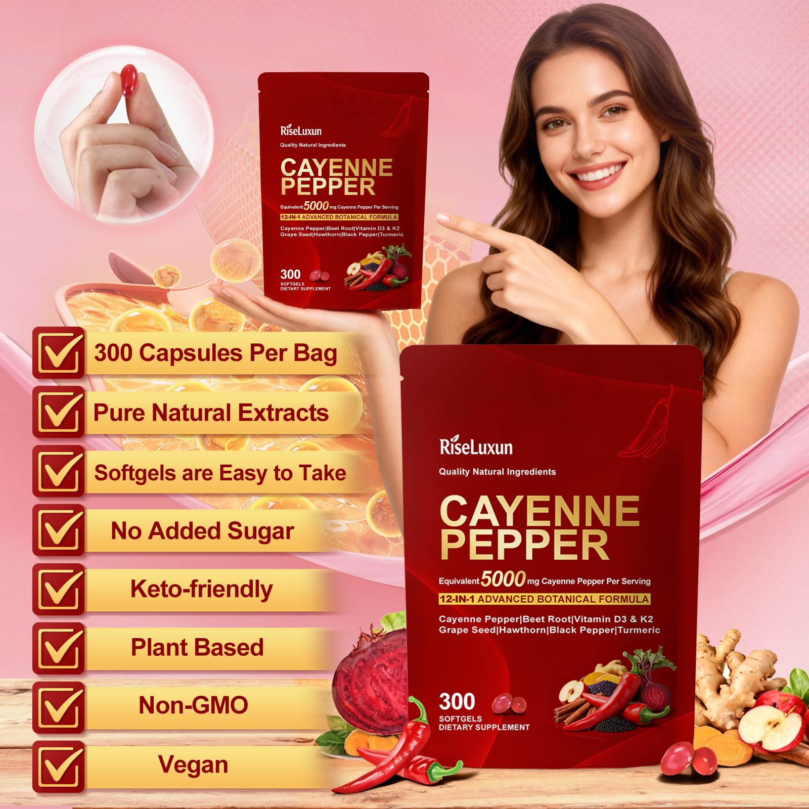 RiseLuxun Cayenne Softgels capsules closeup, vegetarian softgels for easy swallowing.