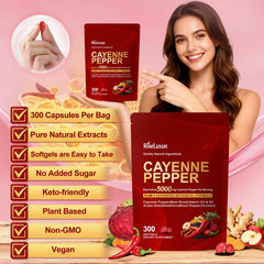 RiseLuxun Cayenne Softgels capsules closeup, vegetarian softgels for easy swallowing.