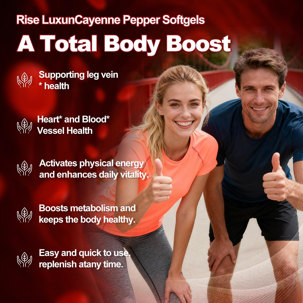 RiseLuxun Cayenne Softgels ingredients chart highlights the herbal blend.