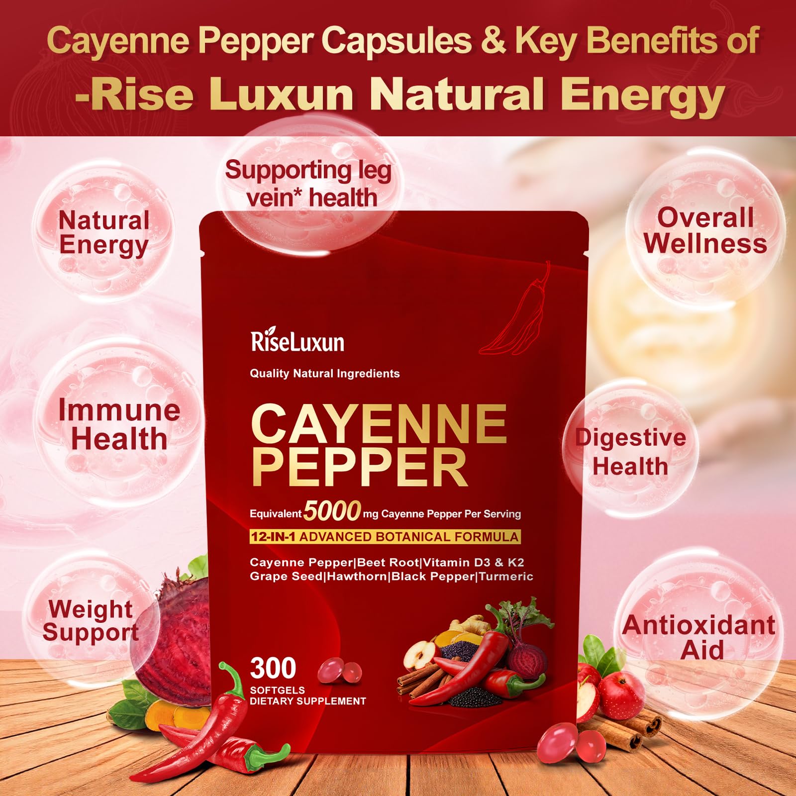 RiseLuxun Cayenne Softgels label closeup showing D3 K2 E and botanicals.