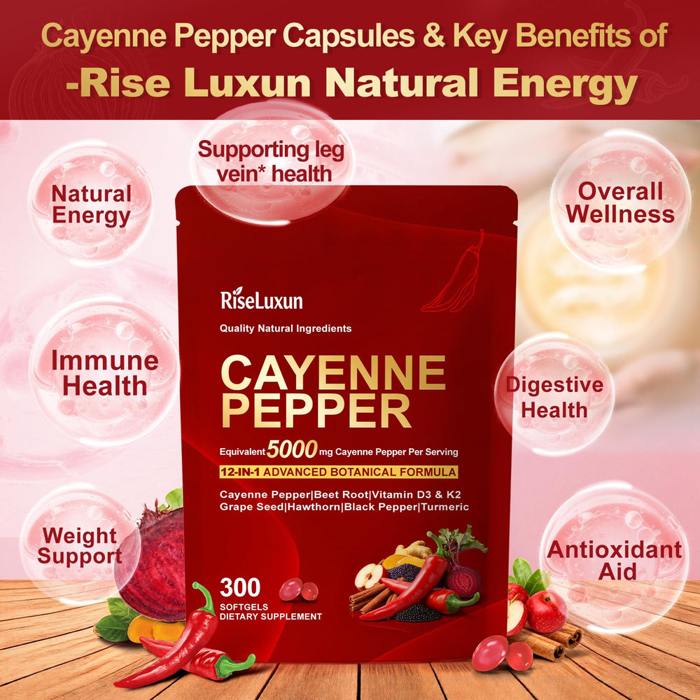 RiseLuxun Cayenne Softgels label closeup showing D3 K2 E and botanicals.