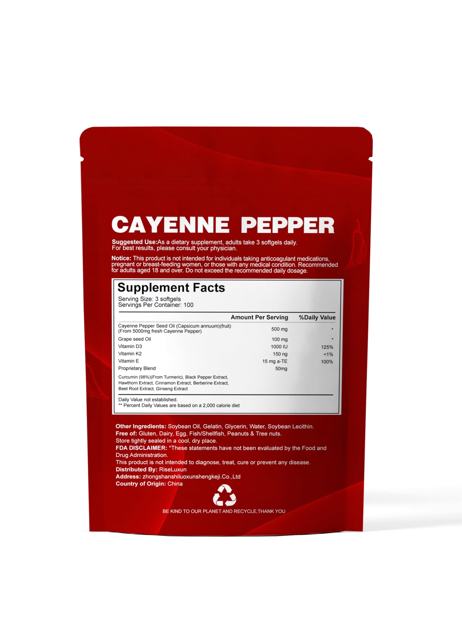 RiseLuxun Cayenne Softgels daily routine image showing a simple 3-capsule serving.