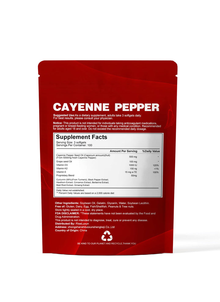 RiseLuxun Cayenne Softgels daily routine image showing a simple 3-capsule serving.
