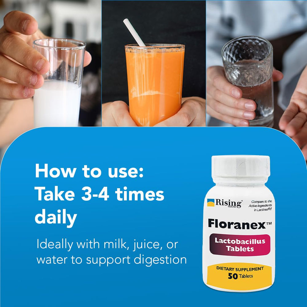 Rising Floranex pouring image demonstrates easy dosing with water or juice