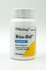 Rising Health Risa-Bid caplets bottle front shows probiotic support for digestion.