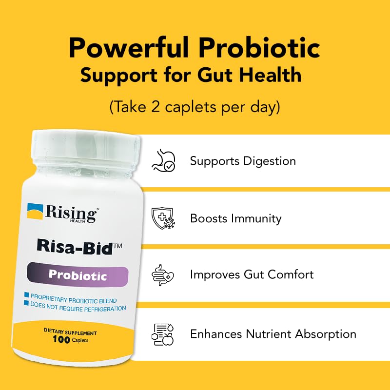 Rising Health Risa-Bid caplets capsules closeup with smooth texture.
