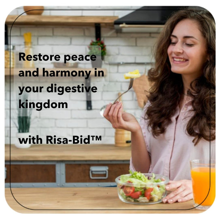 Rising Health Risa-Bid caplets digestive-balance image suggests gut flora support.