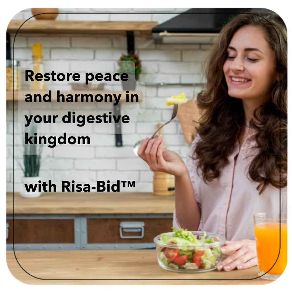Rising Health Risa-Bid caplets digestive-balance image suggests gut flora support.