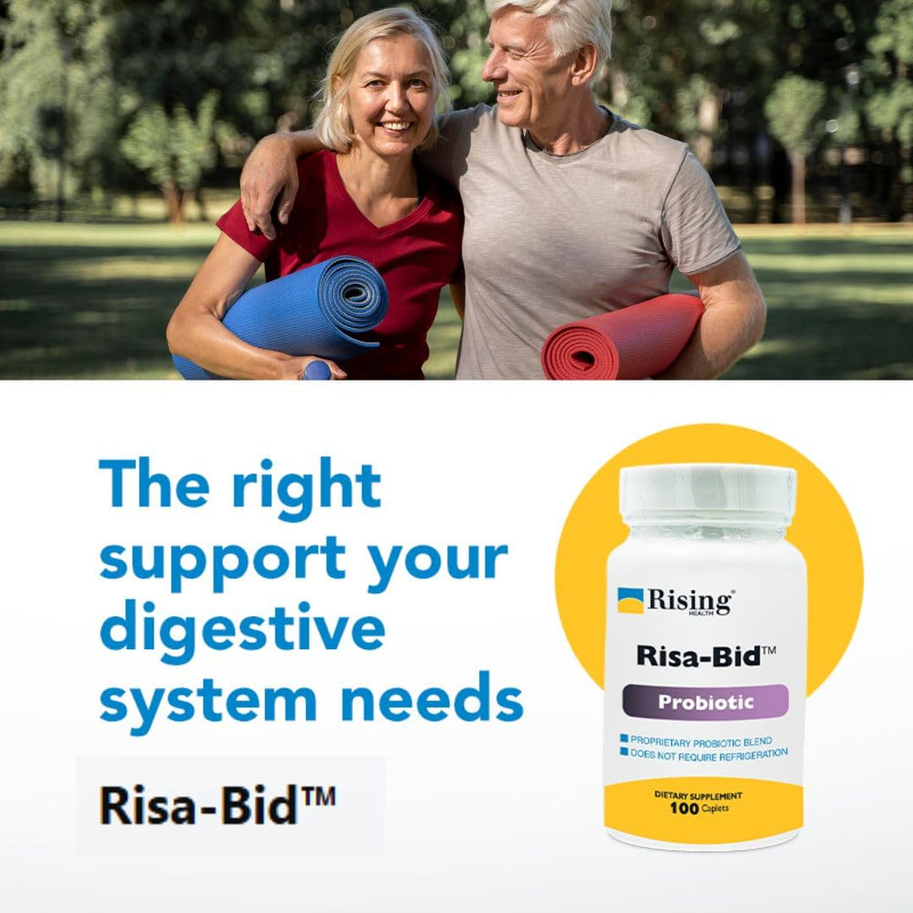 Rising Health Risa-Bid caplets packaging closeup showing 100 caplets.