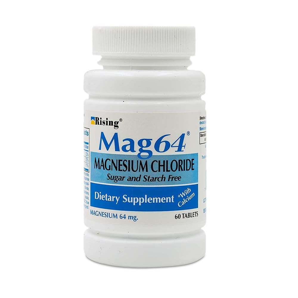 Rising Mag64 bottle-label view highlighting magnesium-calcium formula for daily muscle support.