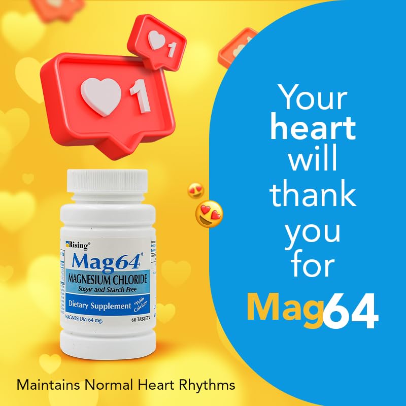 Rising Mag64 ingredients panel highlights magnesium and calcium blend for mineral balance.