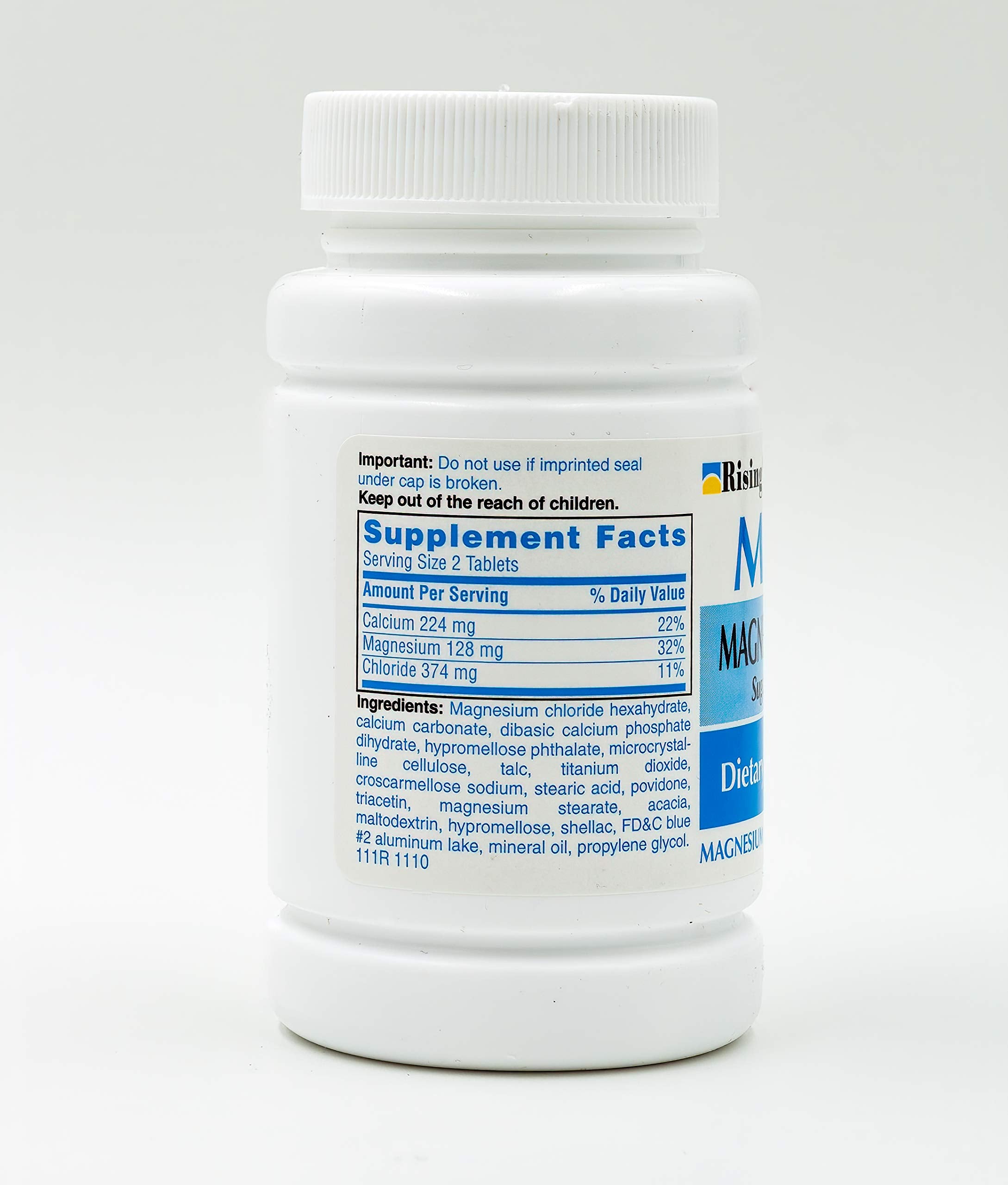 Rising Mag64 tablets closeup showing compact, easy-to-swallow design for everyday use.